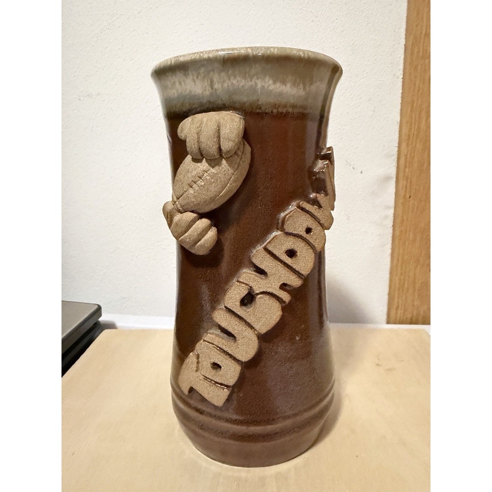 handmade stoneware pottery beer stein or mug Football TOUCHDOWN 8in